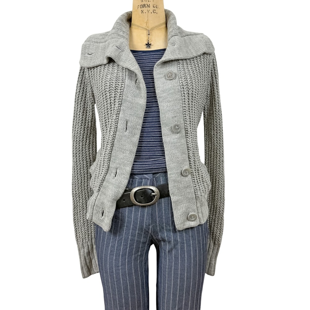 Chunky Grey Waffle Knit Cardigan Grey Funnel Neck Button Front Cozy Academia XS